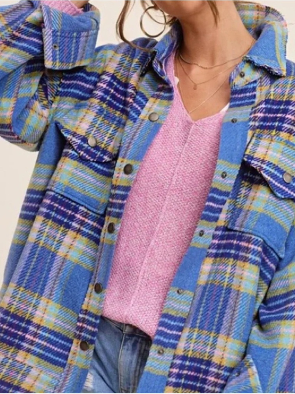 LA MIEL Blue Plaid Utility Shacket with Pink Knit Layer